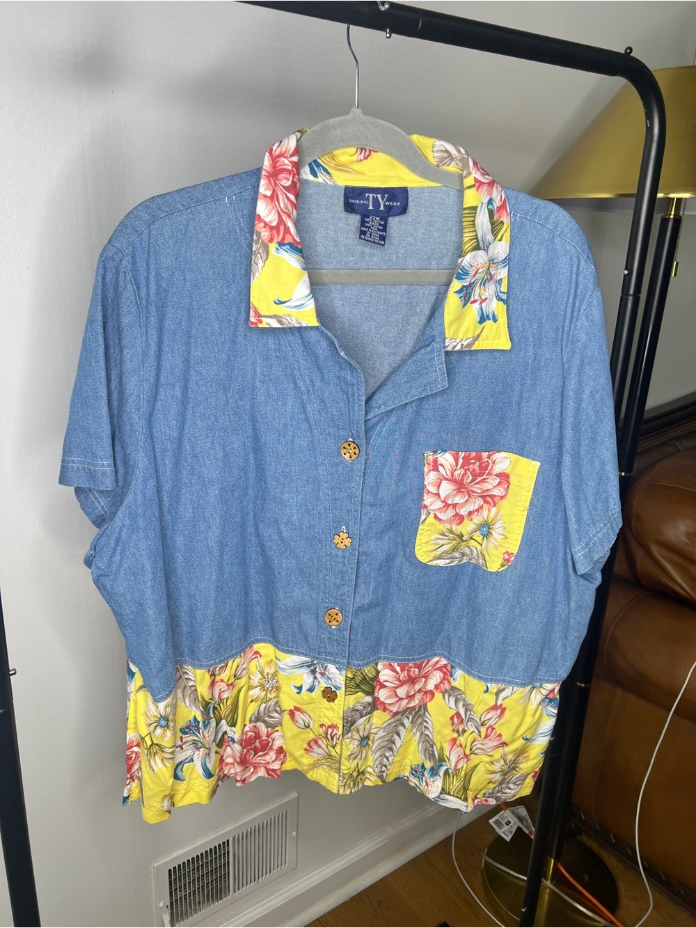 Ty Denim-Style Shirt with Yellow Floral Trim